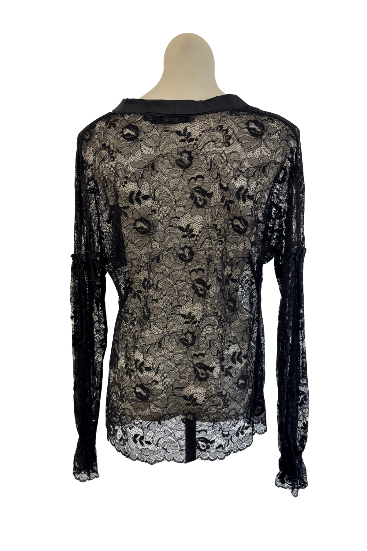 OYL NZ made silk trim black lace blouse, 14