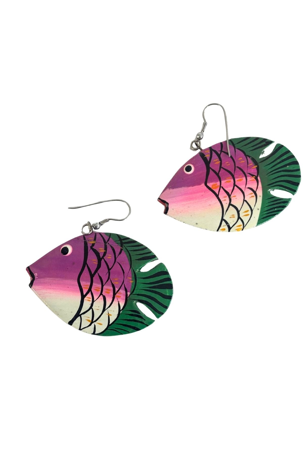 Vintage wood fish earrings pink + green