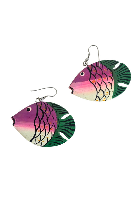 Vintage wood fish earrings pink + green