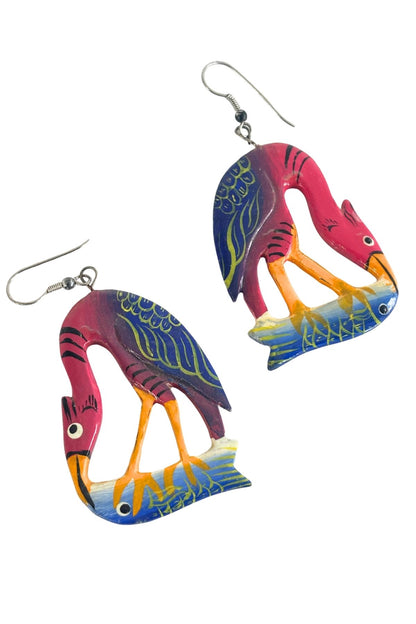 Wooden heron bird earrings