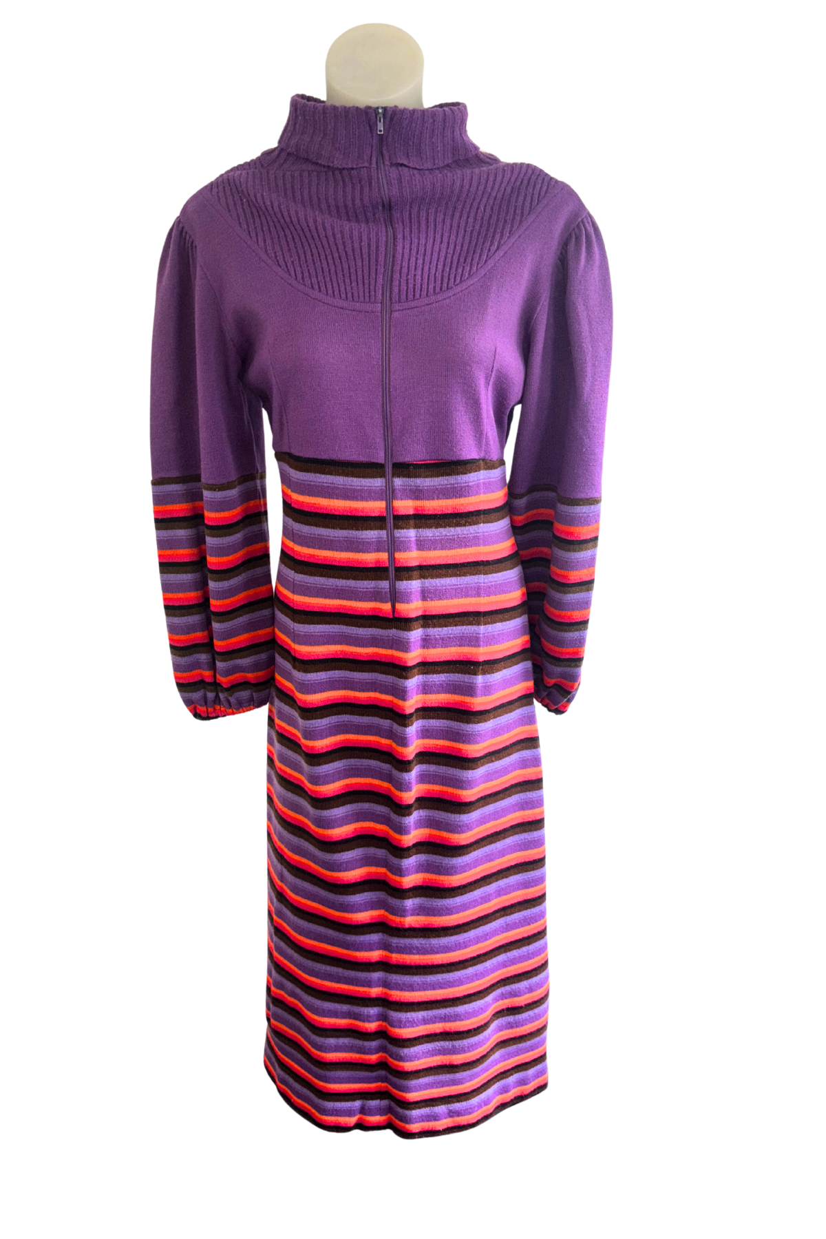 Funky purple + orange striped wool maxi dress, L