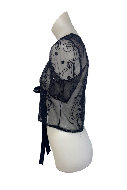 Gorgeous mesh beaded cropped tie top, M