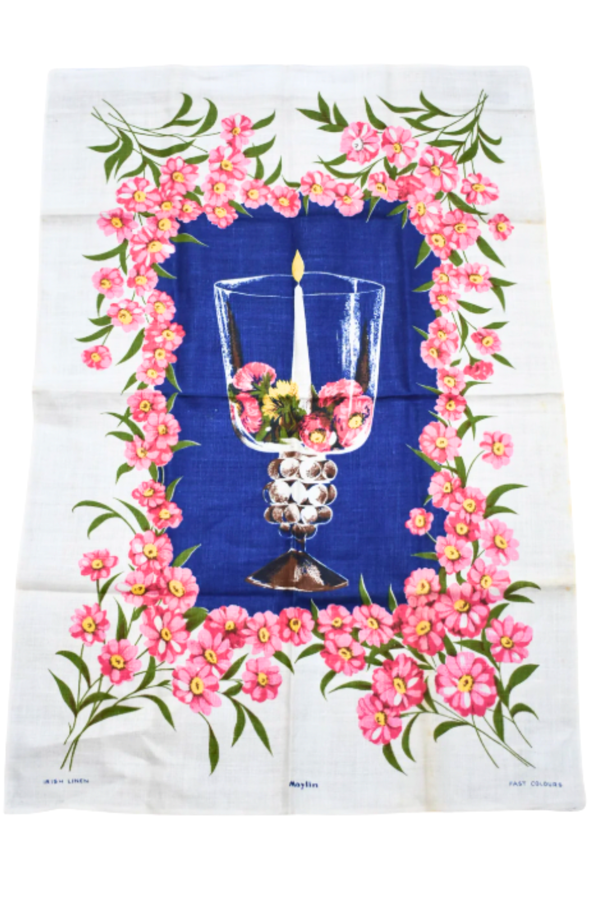 Pink floral centrepiece linen tea towel