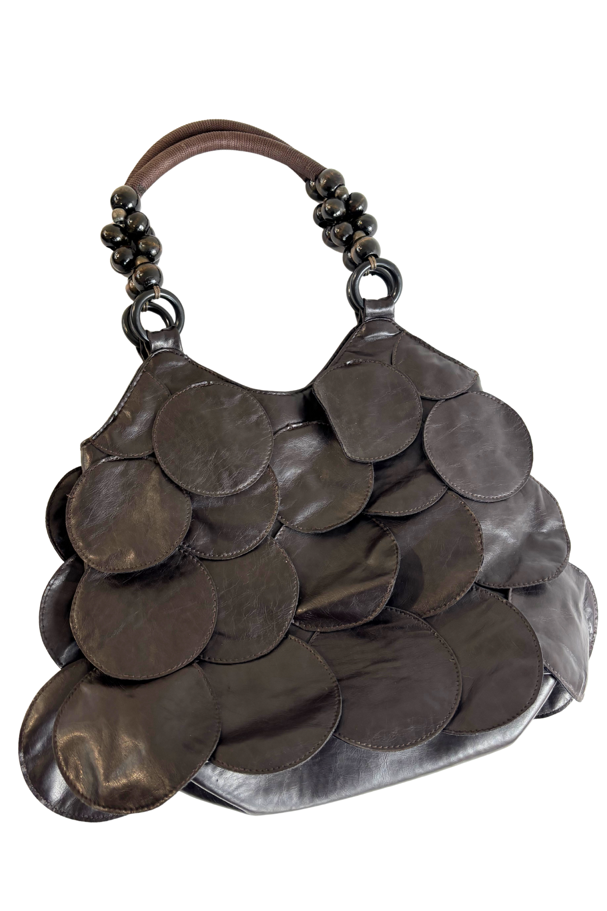 Circle patches beaded handle bag