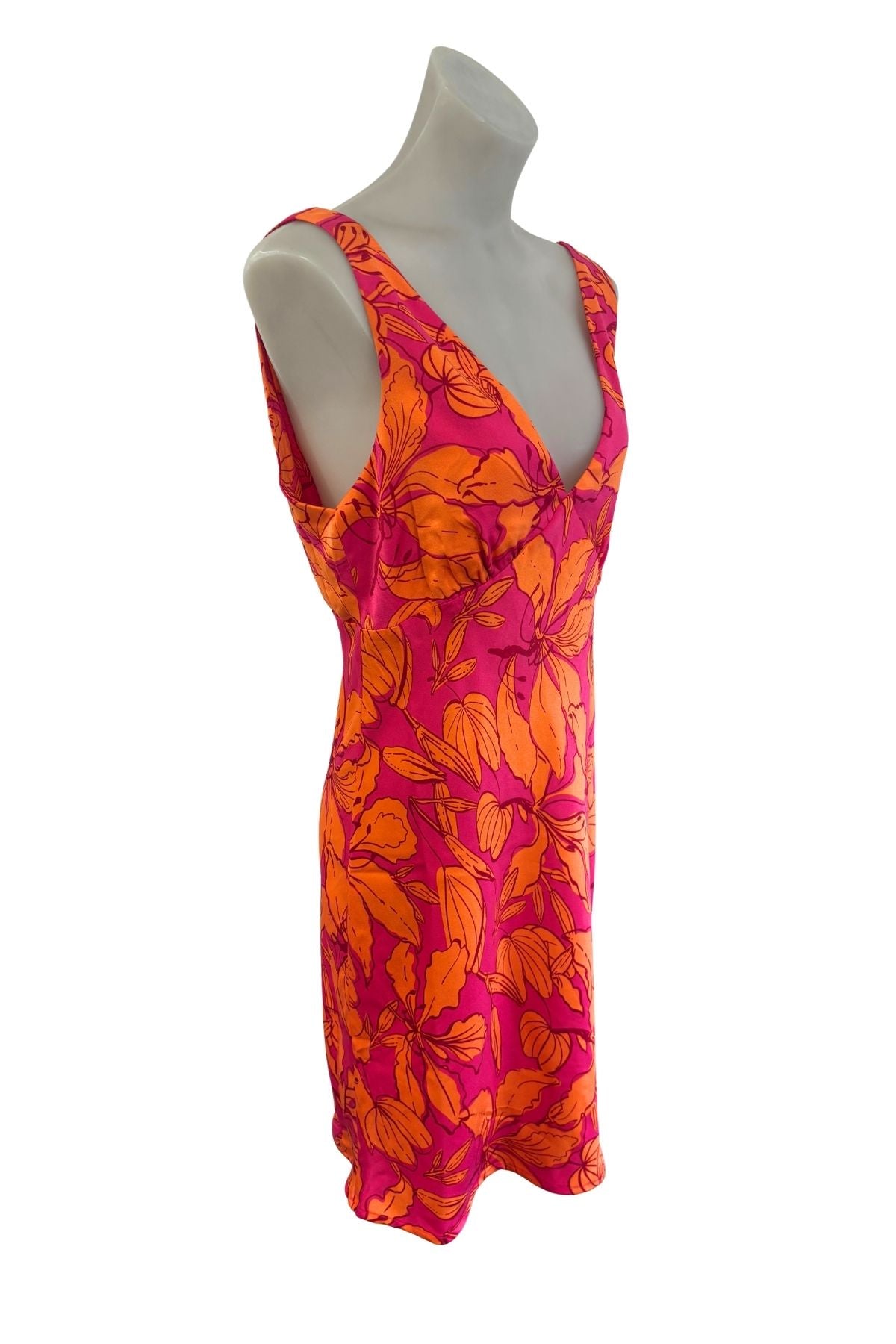 Vibrant orange + pink floral mini dress, S