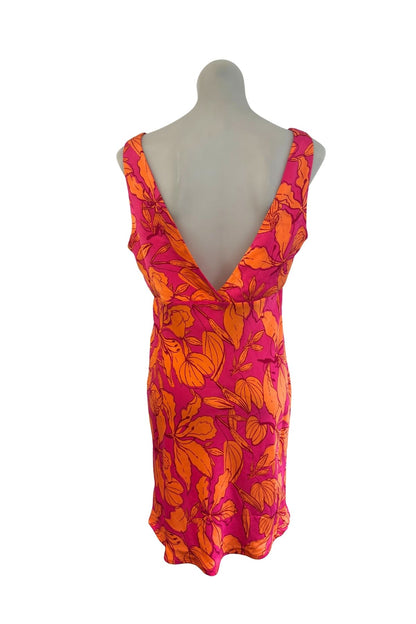 Vibrant orange + pink floral mini dress, S