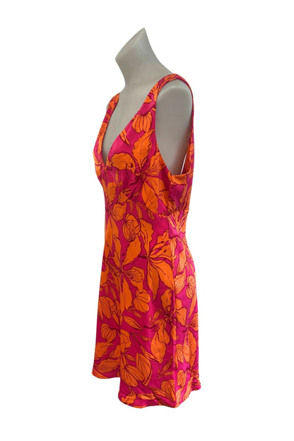 Vibrant orange + pink floral mini dress, S