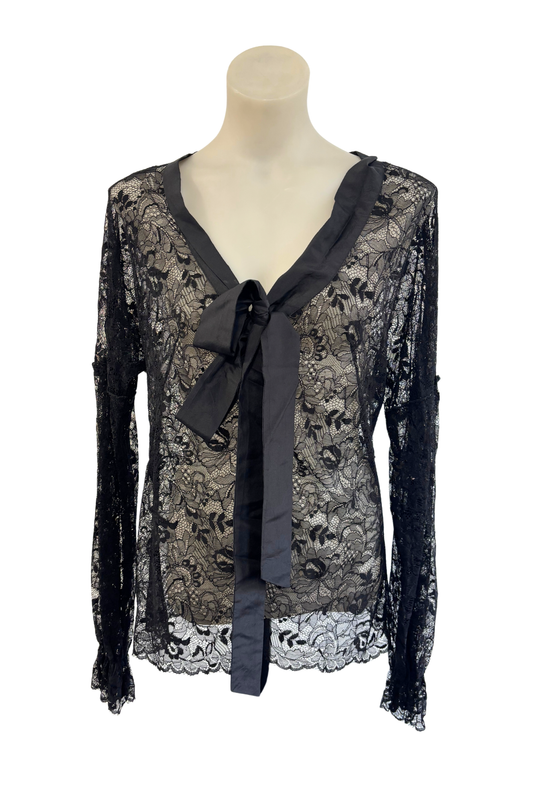OYL NZ made silk trim black lace blouse, 14