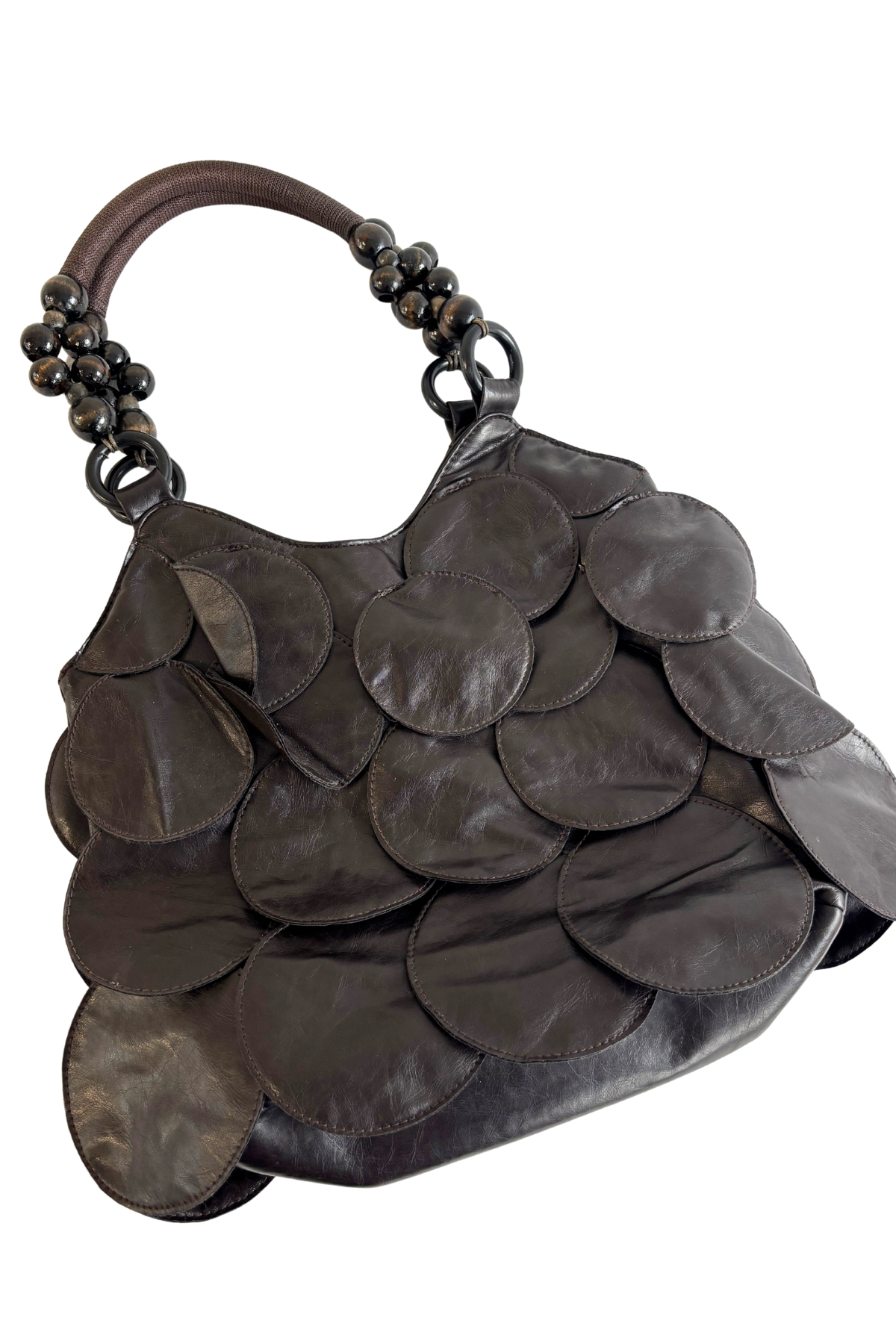 Circle patches beaded handle bag