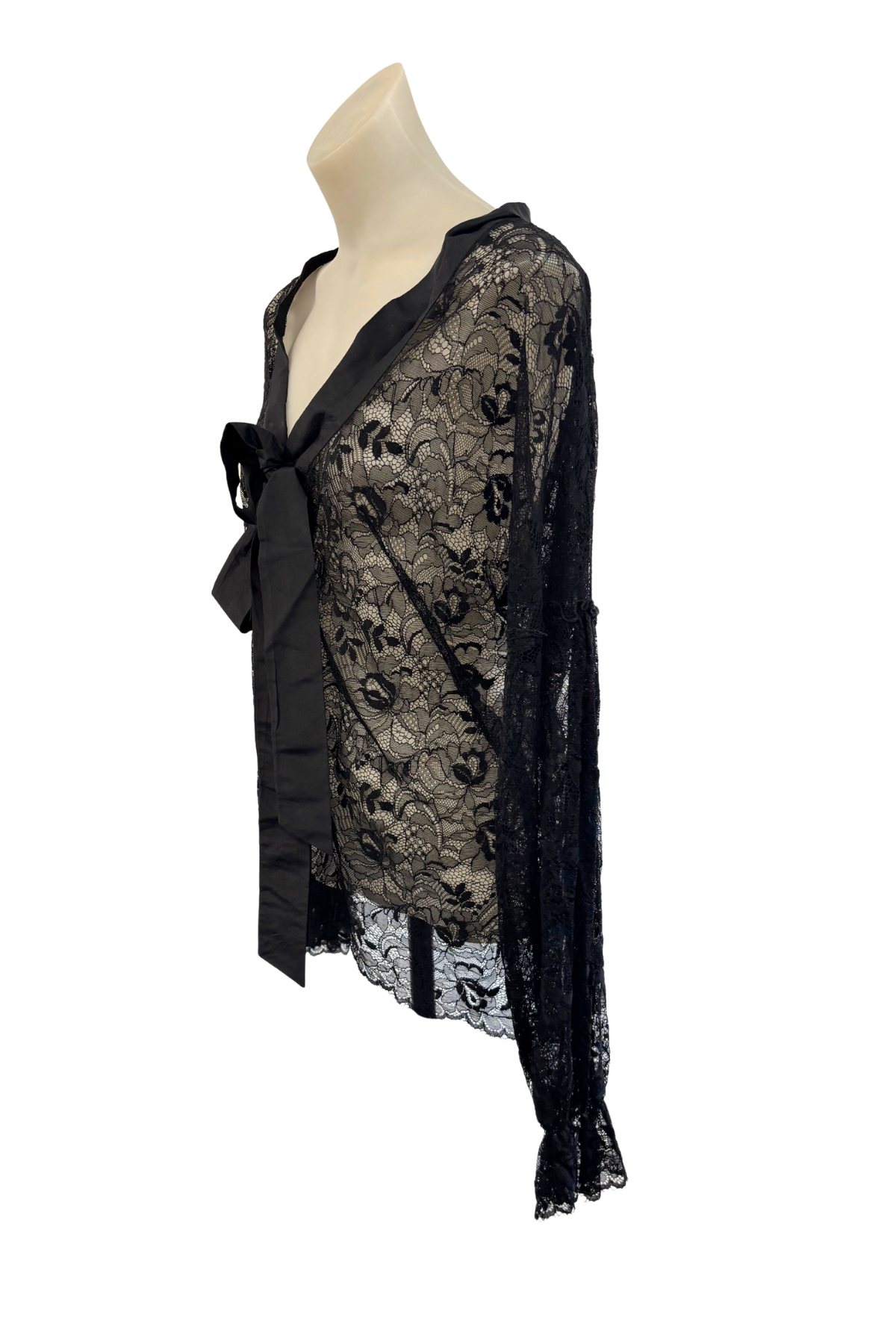 OYL NZ made silk trim black lace blouse, 14