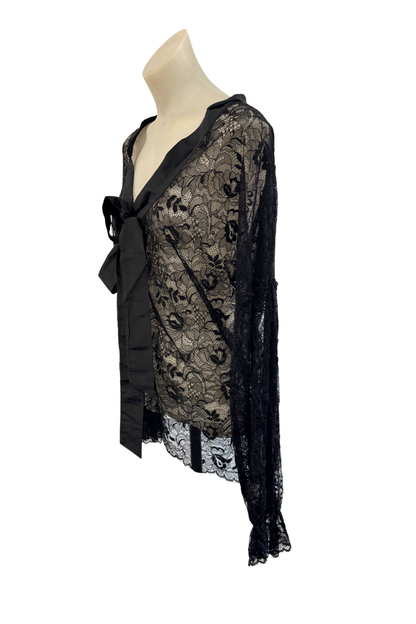 OYL NZ made silk trim black lace blouse, 14