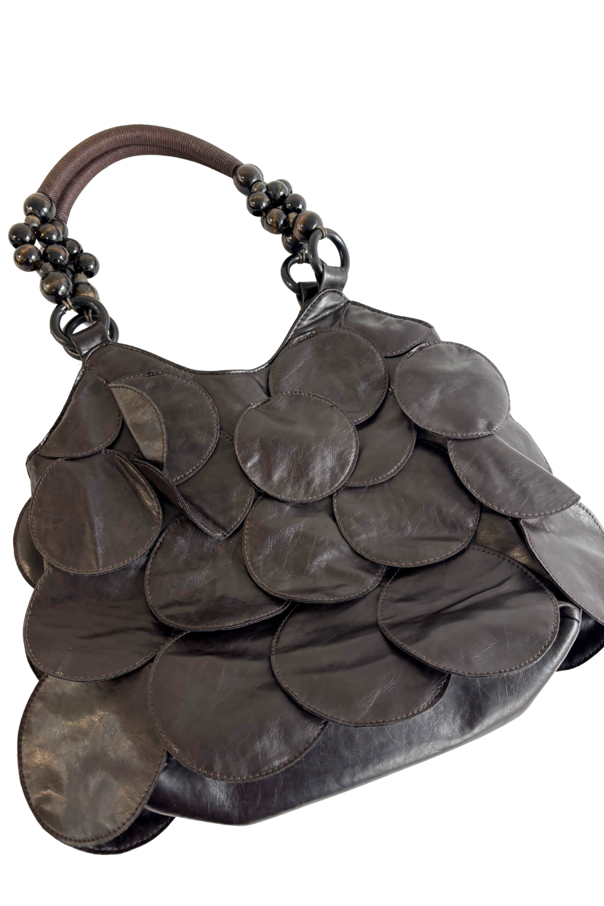 Circle patches beaded handle bag