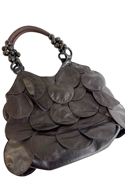 Circle patches beaded handle bag