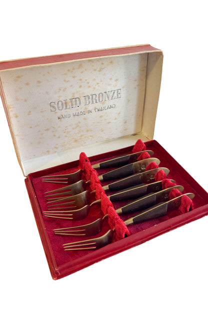 Solid bronze 6 seafood forks