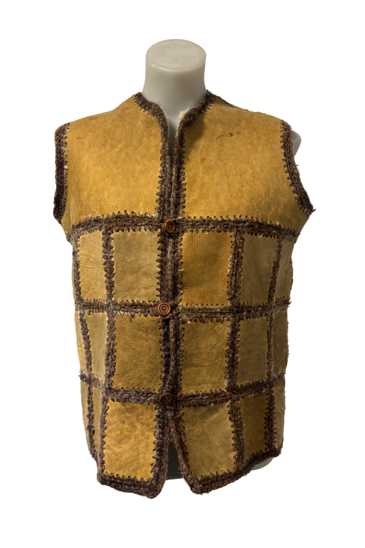 1970/80's Crochet sheepskin vest + Hood, M