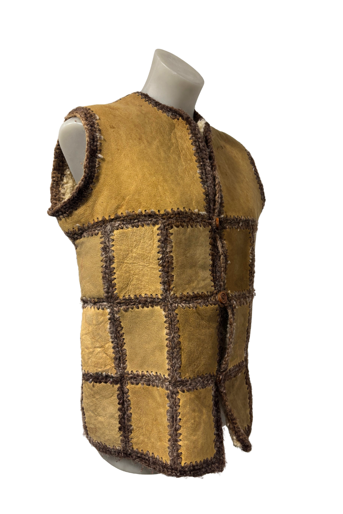 1970/80's Crochet sheepskin vest + Hood, M