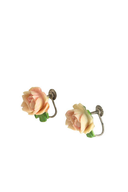 Vintage pink rose screw on earrings