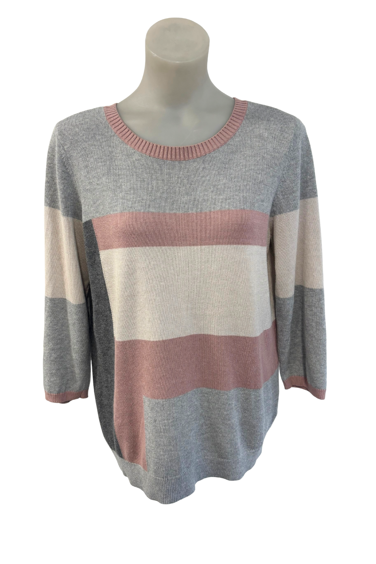 Ella J grey + pink blocks 3/4 sleeve jumper, M