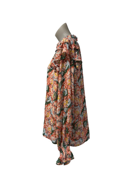 Vibrant floral silver polka dot blouse, M/L