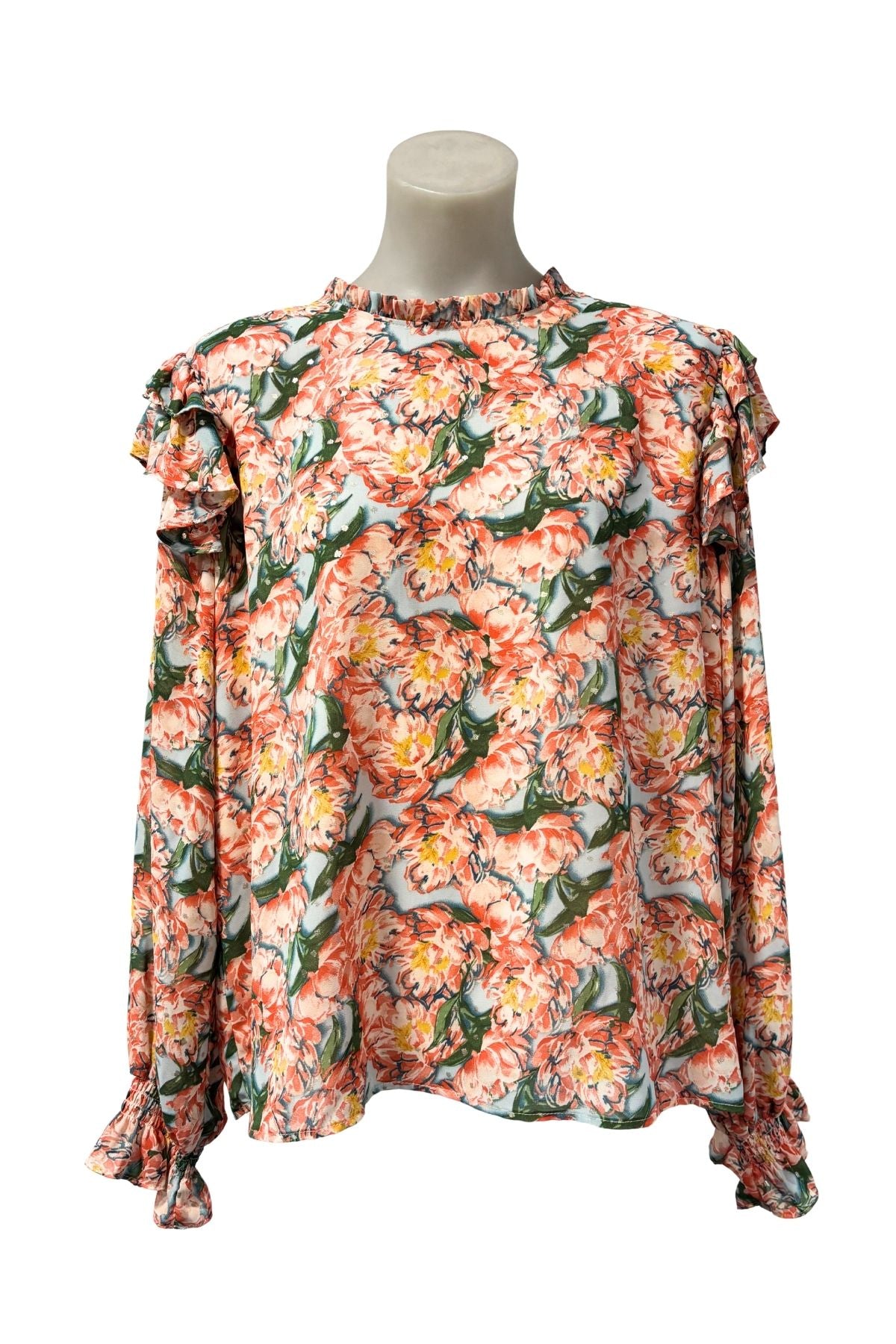 Vibrant floral silver polka dot blouse, M/L