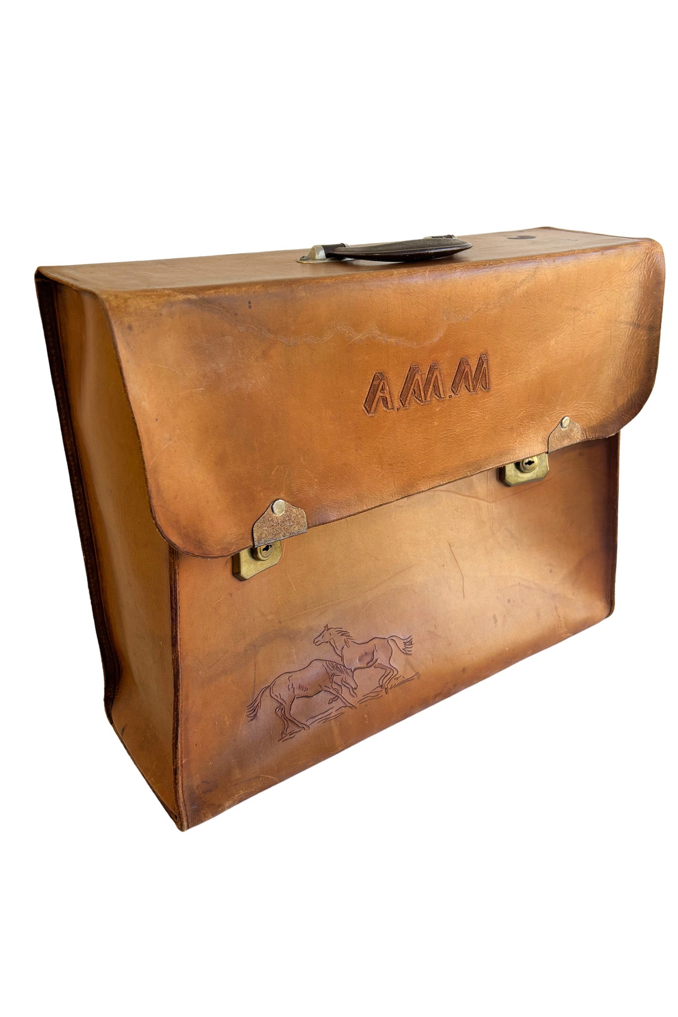 Large vintage leather briefcase with horses