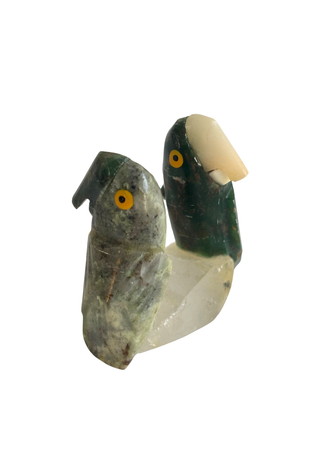 Beautiful jade crystal cockatoo's on quartz crystal