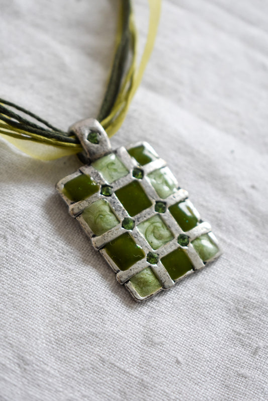 Green hemp + ribbon necklace
